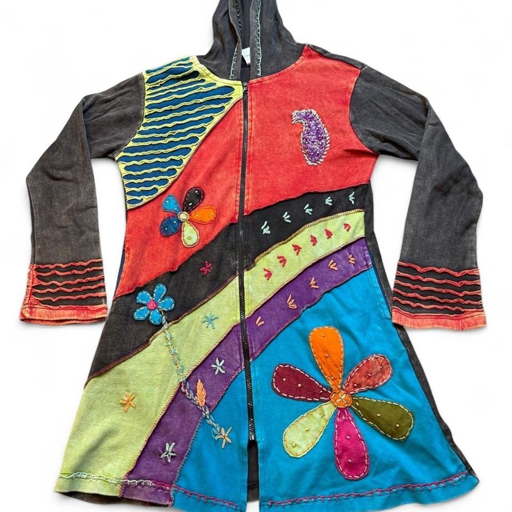 India Boutique boho full zip floral patchwork multicolor long hoodie size large
